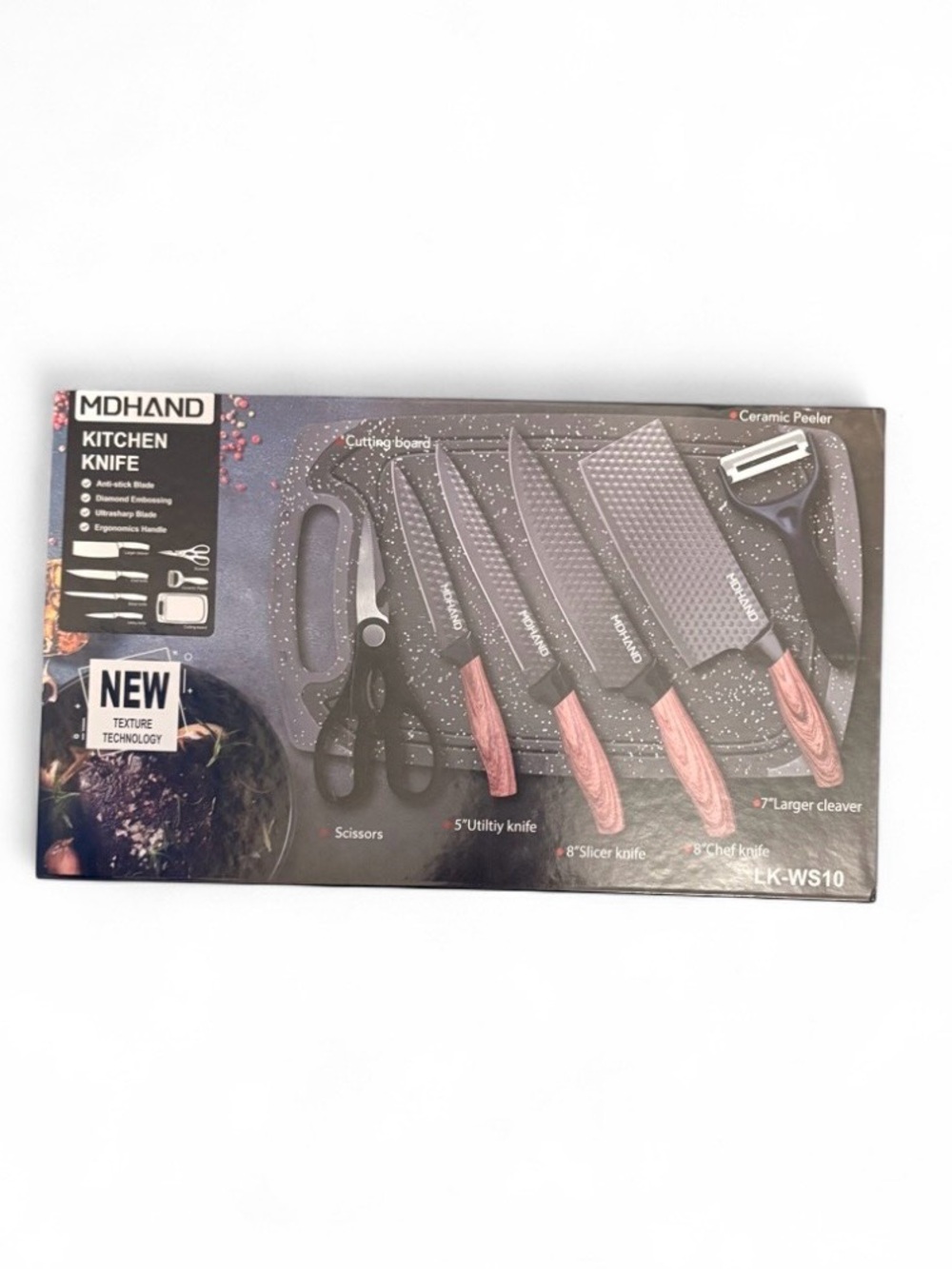 Black and Pink 7-Piece Kitchen Knife Set with Peeler Scissors and cutting board.